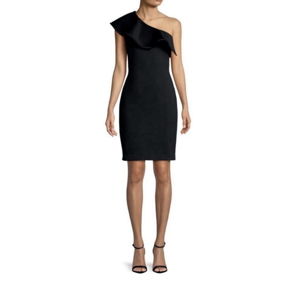 Calvin Klein Women's Black One Shoulder Sheath Cocktail Dress Ruffle Sz 4 $129